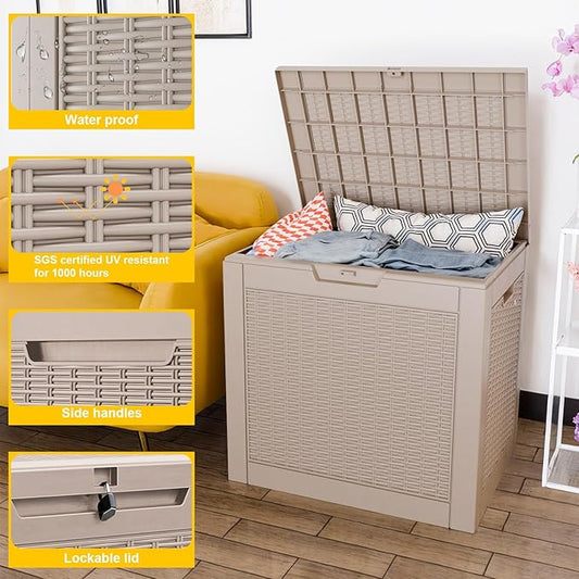 30 Gallon Wicker Pattern Resin Deck Box, Lockable Patio Outdoor Storage Box for Furniture, Garden Tools and Tools Storage, Waterproof Outside Storage Box - Grey Rattan