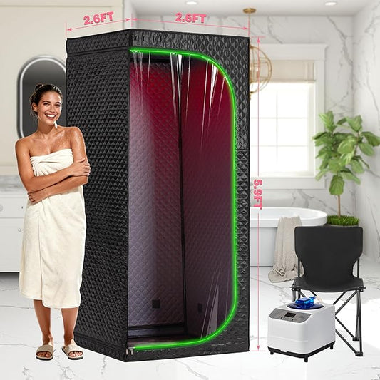 Steam Sauna Tent for Home with Transparent Door, Portable Indoor Sauna with Powerful Steam Heating, Foldable Personal Spa for Relaxation (Single Rectangular – Red Light, Black)