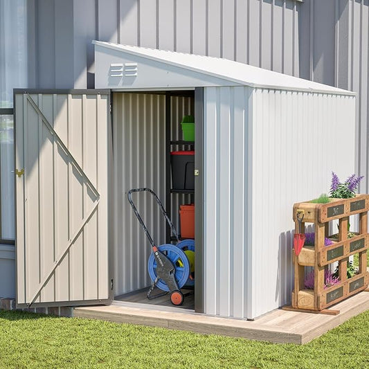 4x7 FT Metal Outdoor Storage Shed, Lean-to Garden Tool and Bike Shed with Lockable Door and Air Vents, Waterproof Sloped Roof Steel Utility Shed for Backyard, Patio, Lawn Equipment, White