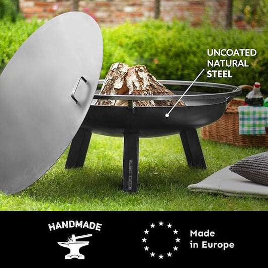Ember 32" Handcrafted Cooking Steel Fire Pit with Cover Lid Attachment for Wood Burning Fireplace for Backyard Grilling Campfire for Camping, Large Outdoor Steel Firepit by Good Directions