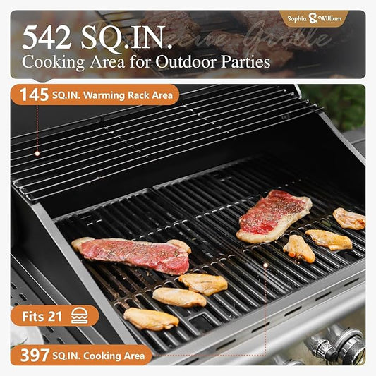 Sophia & William 4-Burner Gas BBQ Grill with Side Burner and Porcelain-Enameled Cast Iron Grates, 42,000BTU Propane Grills Outdoor Cooking Barbecue Grill Cabinet Style, Golden