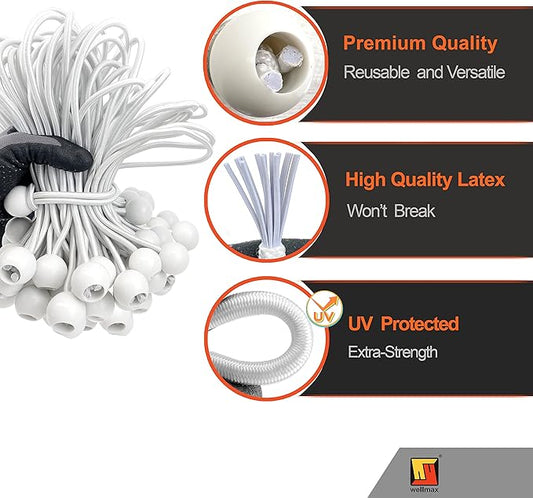 9 inch 50 Piece Heavy Duty 5mm Ball Bungee Canopy Cord by Wellmax, White Color