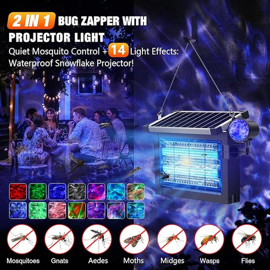 2 in 1 Solar Bug Zapper Outdoor, Outdoor Projector Light Waterproof with 14 Different Lights, 4500V Rechargeable Mosquito Killer with Solar Panel Sensor, Electric Fly Trap for Patio Yard