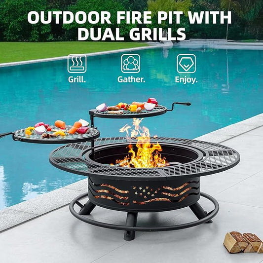 47 Inch Fire Pit with 2 Cooking Grates, Outdoor Wood Burning BBQ Grill Firepit Bowl with Cover Lid, Steel Round Table for Backyard Bonfire Patio Picnic (Black, 47IN)