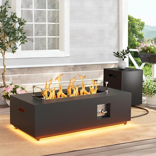 42" Propane Fire Pit Table with LED Light - 50,000 BTU with Wind Guard, Lid, Rocks and Cover - Propane Fireplace Table - Gas Fire Pits for Patio and Deck (Black/Golden Light, 42" LED)