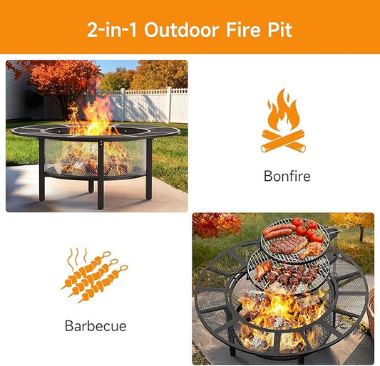 ONBRILL 2-in-1 47 Inch Fire Pit with 2 Swivel Cooking Grills, Outdoor Wood Burning Firepit with Poker for BBQ, Bonfire, Picnic, Party, Round Metal Fire Pit for Outside, Backyard, Patio