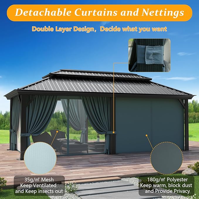 HOTEEL 12x20 Gazebo with Metal Roof & Drainage System, Heavy Duty Hardtop Gazebo with Flame-Retardant Curtain & Netting, Gazebos with Galvanized Steel Double Roof, Outdoor Gazebo for Patio, Party