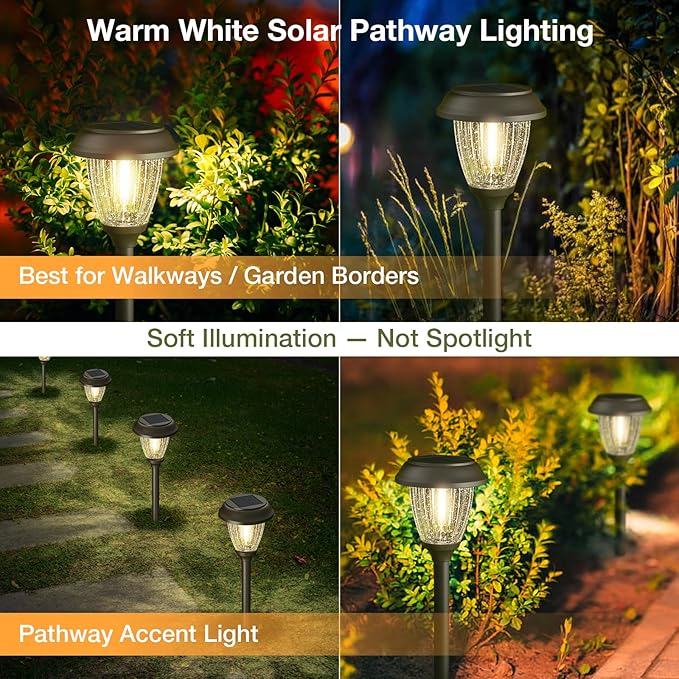 XMCOSY+ Solar Lights Outdoor 10/25 LM LED with 2 Lighting Modes, Solar Garden Lights Glass and Metal, IP65 Waterproof Solar Powered for Yard Pathway Walkway Driveway Patio (6 Pack, Warm White)
