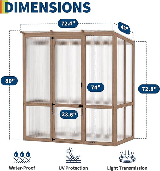 4x6FT Wooden Greenhouse with Cedar Frame, Outdoor Wood Greenhouses with Roof Vent, Wood and Polycarbonate Walk-in Greenhouse