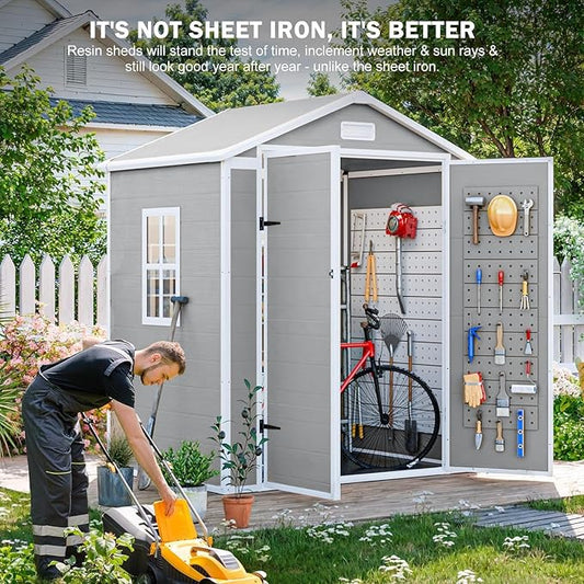 CDCASA 6x3 FT Resin Storage Shed, Waterproof Outdoor Shed with Floor & Window & Lockable Door Included, Outside Plastic Tool Sheds for Garden, Patio, Backyard, Light Gray