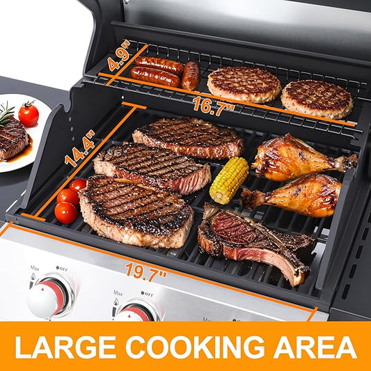 3-Burner Propane Gas Grill with 2 Foldable Side Tables, 30,000 BTU Outdoor BBQ Stainless Steel Grill with Porcelain-Enameled Cast Iron Grates and Thermometer, Easy Assembly for Patio, Backyard BBQ