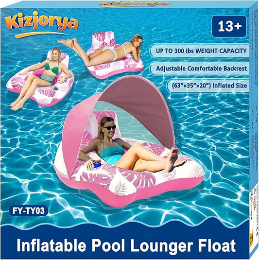 【Upgraded】 Pool Floats Adult with Canopy, XL Inflatable Pool Floaties for Adults Heavy Duty, Pool Chair and Lounge for Swimming in Pool Beach Lake, Float for Pool Floating with Cup Holder, Backrest