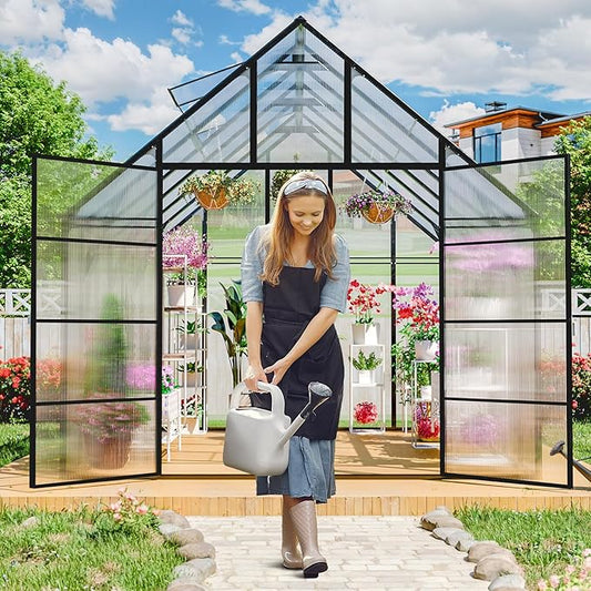 12x10 FT Polycarbonate Greenhouse for Outdoor, Heavy Duty Aluminum Frame Transparent Panels Plants Green House Kit with Windows Vents Door for Backyard Garden, Large Outsides Walk in Greenhouses