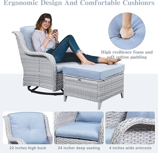Belord Wicker Outdoor Furniture Patio Furniture Set - 6 Piece Patio Conversation Set with Swivel Rocker Chairs, Rattan Sofa, Ottomans and Coffee Table, Baby Blue Cushion