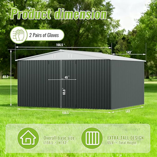 PABIMIA14X12 FT Outdoor Storage Shed, Durable Metal Outside Storage with Lockable Doors, Waterproof Storage Shed for Tools, Equipment, Ideal for Backyard Garden Patio Lawn,White