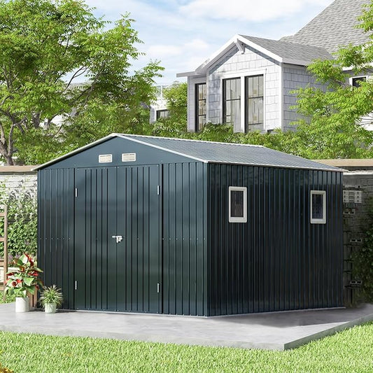Breezz Outdoor Storage Shed 10X10FT. Utility Tool Shed Metal Storage Garden Shed with Lockable Doors, Windows & Metal Frame Floor for Patio Storage, Nightblue