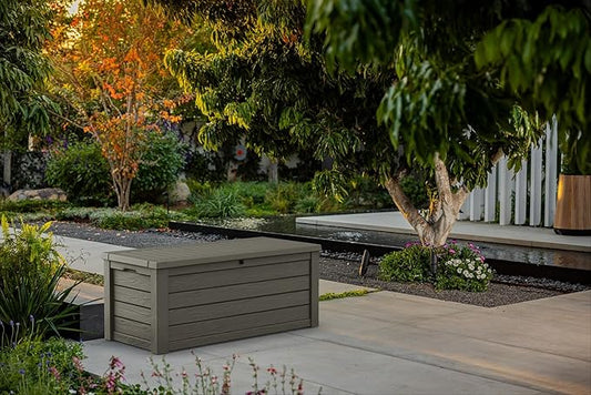 Keter Westwood 150 Gallon Resin Large Outdoor Storage Box for Patio Furniture, Outdoor Cushions, Garden Tools and Pool Floats, Taupe
