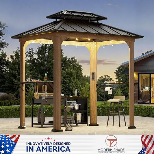 Modern Shade Grill Gazebo 6' X 8', Aluminum BBQ Gazebos with Shelves and Ceiling Hook, Grill Canopy Hardtop with Galvanized Steel Roof, Outdoor Grill Gazebo with Extra-Wide Column Design, Wood Grain