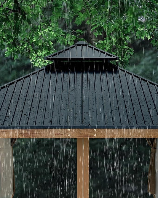 GarveeLife Hardtop Wood Gazebo 10 ft x10 ft for All Weather, with Double Metal Roof, Heavy Duty Wooden Frame, Net, and Curtain, Permanent Building for Patio, Deck, Backyard, Lawn, and Garden