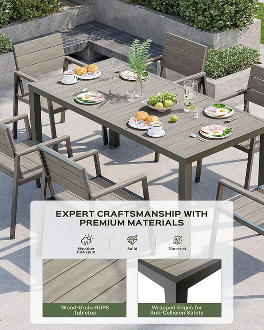 Outdoor Dining Set for 6, Patio Table and Chairs Set, Aluminum Patio Furniture Set with Umbrella Hole, HDPS Patio Dining Table Set for 6 (Gray)