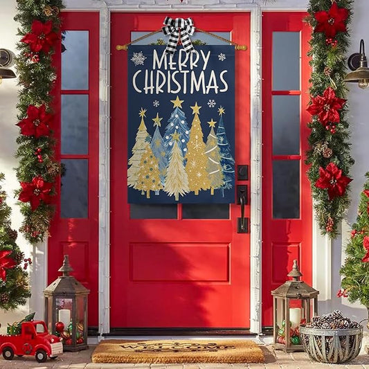 AVOIN colorlife Merry Christmas House Flag 28x40 Inch Double Sided Outside, Christmas Trees Winter Holiday Yard Outdoor Flag Blue