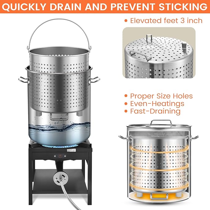 ARC 84QT Stainless Steel Seafood Boiling Kit with Strainer and 200,000BTU Propane Stove, Crab Crawfish Boil Pot and Burner for Outdoors Cooking and Steaming, Large Stockpot, Non-Assembly
