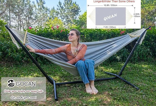 GOCAN Double Hammock 2 Person Large 220x150cm with Steel Stand and Removable Spreader bar Load 500lb, Canvas Cotton Hammocks for Patio Porch Garden Backyard Outdoor and Indoor