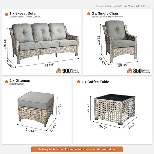 6 Pieces Patio Outdoor Furniture Set,All Weather Wicker Rattan Patio Seating Sofa and Chair Set w/Ottoman and Glowing Coffee Table,Outdoor Conversation Sets for Deck Yard Garden,Dark Grey