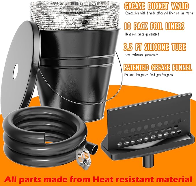 Rear Grease Catcher for Blackstone Griddle, Blackstone Grease Trap and Grease Drainage, 0.6 Gal Drip Bucket W/Lid, 10 Disposable Aluminum Liners, Black stone Griddle Accessories