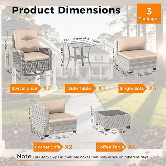 8-Seat Modern Patio Furniture Set with Swivel Rocking Chairs, Thick 4″ Cushions, Dual-Strand Wicker Rattan, Rust-Resistant Steel Frame – Outdoor Conversation & Modular Sectional,Beige
