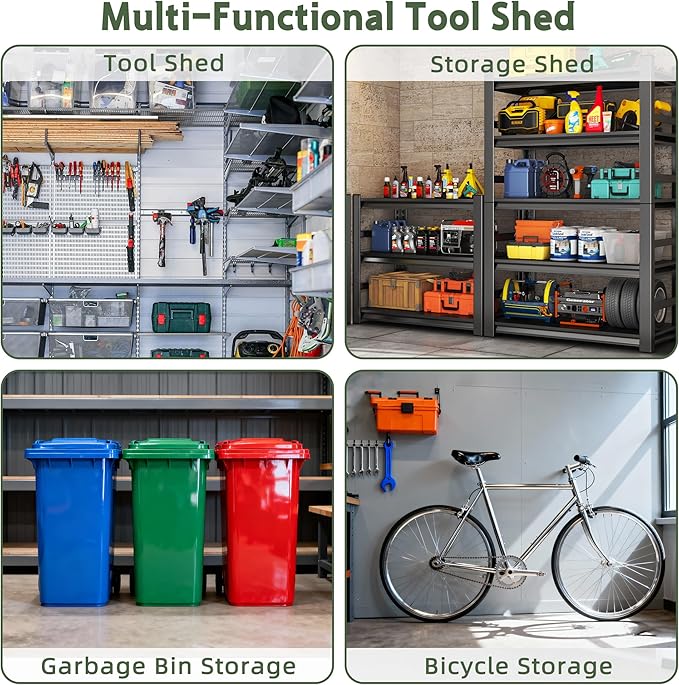 6×6FT Plastic Outdoor Storage Shed, Double Door Tool Shed with Transparent Roof and Vent, Lockable Door with Key, Storing Patio Furniture, Gardening Tools, and Bicycle Accessories.