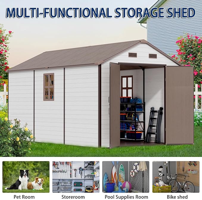 8x14 FT Resin Outdoor Storage Shed with Floor, Weather-Resistant Plastic Garden Shed with Windows, Lockable Door and Vents, Outside Tool Storage Sheds for Backyard, Garden, Lawn, Brown