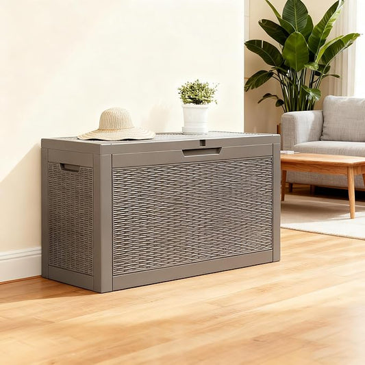 60 Gallon Outdoor Storage Deck Box Waterproof,Large Resin Storage Container for Outside,Patio Accessories for Outsid,Backyard Delivery Boxes,Lockable Lid,Rattan Gray