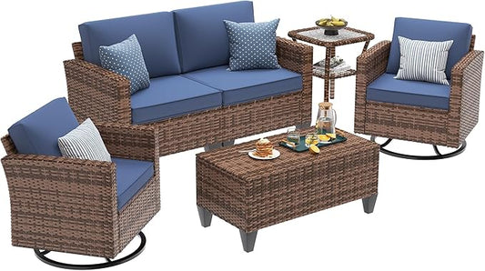 UDPATIO Patio Furniture Set, 5 Pieces Outdoor Conversation Sets with Rocking Swivel Chairs, Wicker Rattan Outdoor Sofa Set with Storage Table and Waterproof Covers for Backyard, Deck, Porch, Navy
