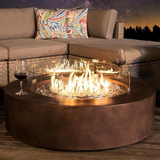 COSIEST Outdoor Propane Fire Pit Coffee Table w Bronze 42 inch Round Base Patio Heater, Certified, 50,000 BTU Stainless Steel Burner, Wind Guard, Transparent Gray Fire Glass, Waterproof Cover