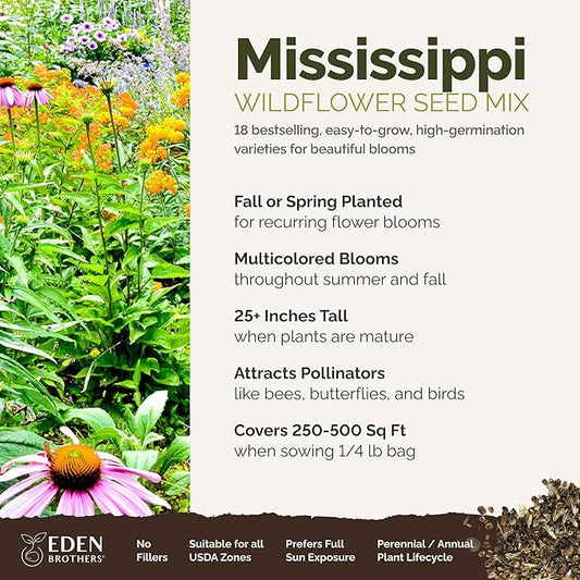 Eden Brothers Mississippi Wildflower Mixed Seeds for Planting, 1/4 lb, 120,000+ Seeds with Lupine, Sunflower | Attracts Pollinators, Plant in Spring or Fall, Zones