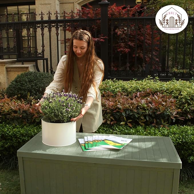 120 Gallon Outdoor Storage Box, Lockable Outside Storage Box Waterproof, Patio Cushions Deck Storage Boxes, Rattan Plastic Garden Hose Containers Resin Pool Storage Bins with lids, Sage Green