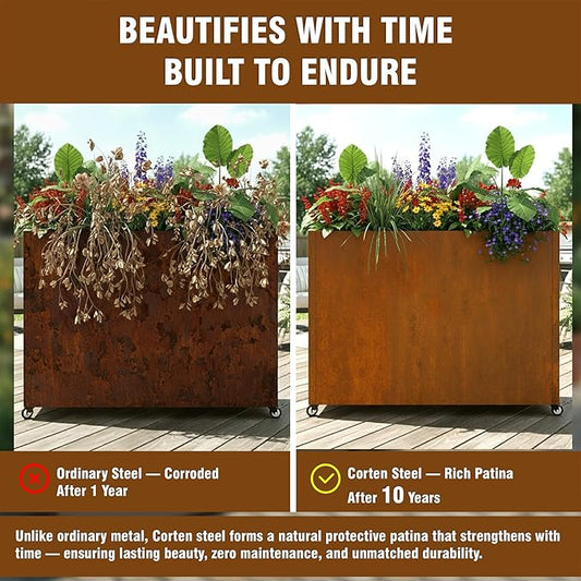 36" L x 9.3" W x 28.4" H Corten Steel Planter Box with Wheels & Removable Shelf – Rolling Raised Garden Bed with Rust Patina, Smart Drainage System, Outdoor Planter for Patio & Modern Décor