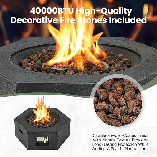 ECOTOUGE Propane Fire Pit Table, Outdoor Gas Fire Pit Set w/Side Handles, 30''Auto-Ignition Steel Fire Table, 50,000 BTU Hexagon Concrete fire Pit w/Weather-Resistant Pit Cover, Lava Rocks, Black