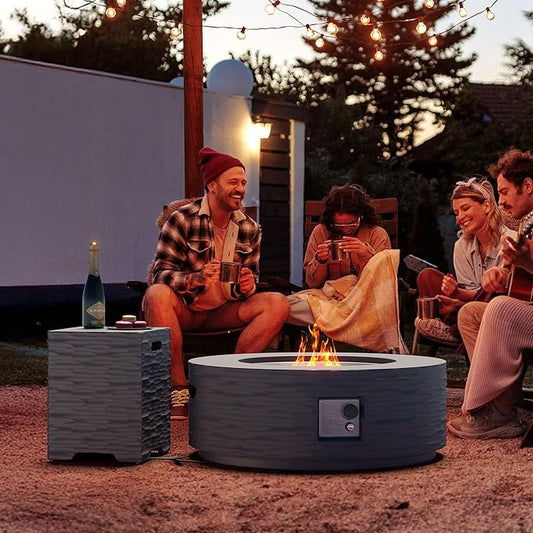 Cosiest Propane Fire Pit with Tank Cover for Outside, 35 in Round Gas Fire Pits for Outdoor Patio, Certified, 50000 BTU Concrete Rectangle Base with Rain Cover, Free Lava Rocks
