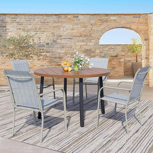 5 Pieces Patio Dining Set for 4, Beige Blue Patio Stackable Chairs and Walnut Round Table Set of 4, Outdoor Furniture Set with Sling Support for Outside, Garden