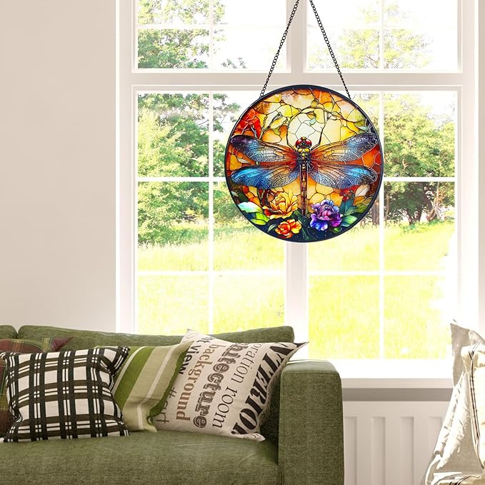 Wkyqes Dragonfly Handmade Stained Glass Window Hanging Suncatcher with Chain - 7.9" Outdoor/Indoor Art Decor for Home Garden, Wedding, Mother's, Valentine's & Christmas Ornaments Present