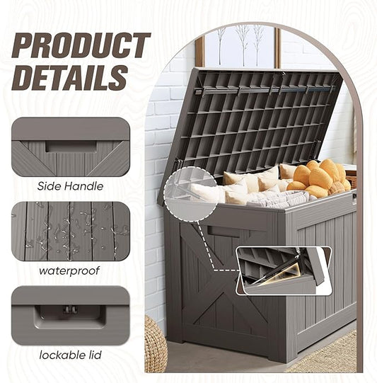 JUMMICO 120 Gallon Resin Deck Box, Large Outdoor Storage Box Waterproof & Lockable for Garden, Patio, Pools (Light Brown)