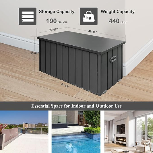 Domi Deck Box 190 Gallon, Waterproof Lockable Steel Outdoor Storage Container for Outside Cushions, Garden Tools and Pools Equipment, Gray