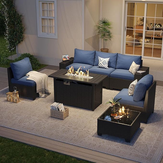 Aoxun Outdoor Furniture with 44'' Fire Pit, 7 Pcs Outdoor Patio Furniture Sets with 4in Thicken Cushion, Widen Armrests Wicker Outdoor Sectional for Backyard (Waterproof Cover Include)