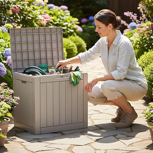 31 Gallon Deck Box, Small Outdoor Storage Box Waterproof, Outside Resin Storage Bin for Outdoor Patio Furniture Pillow, Pool Supply, Garden Tool, UV-Resistant and Weatherproof, Light Brown