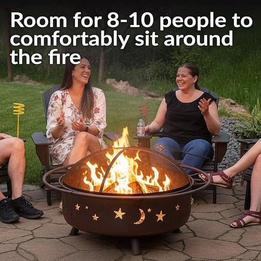 Sunnydaze Cosmic 42-Inch Large Outdoor Fire Pit - Wood-Burning Fire Pit with Round Spark Screen, Poker, and Built-in Grate