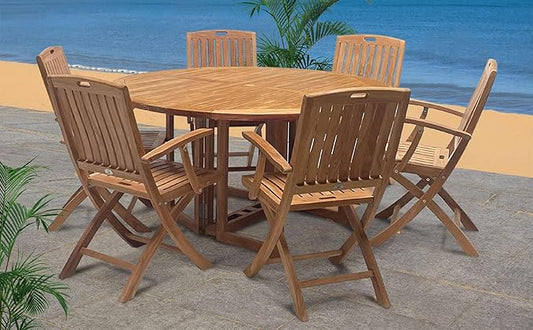 Indonesian Grade A Teak Outdoor Dining Set 7 Pieces. Patio Dining Set with One 59" Round Folding Round Table and 6 Folding Arm Chairs