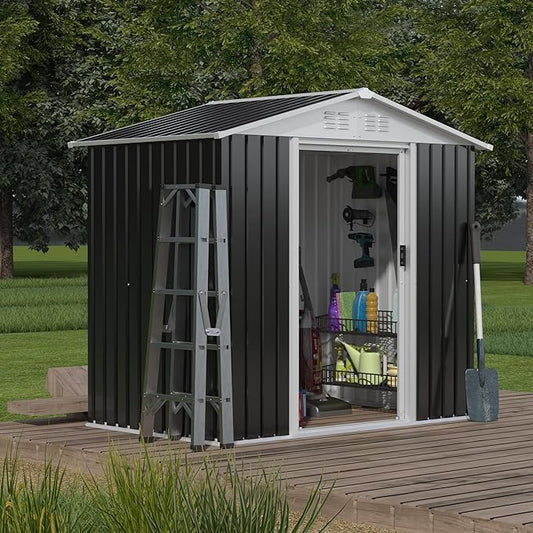Outdoor Sheds 6FT x 4FT Outdoor Storage, Metal Anti-Corrosion Utility Tool House with Lockable Door & Shutter Vents,Outdoor Waterproof Garden Tool Metal Storage Sheds(Grey)