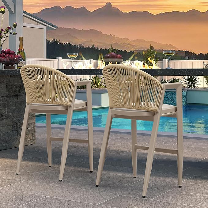 PURPLE LEAF Wicker Bar Stool Set of 2 Bar Height Stools with Backrest Patio Chairs for Kitchen Island Lawn Champagne Outdoor